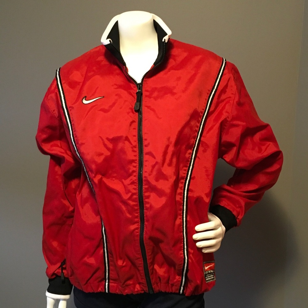 Nike Women's Red Varsity Jacket with Black and White Accents